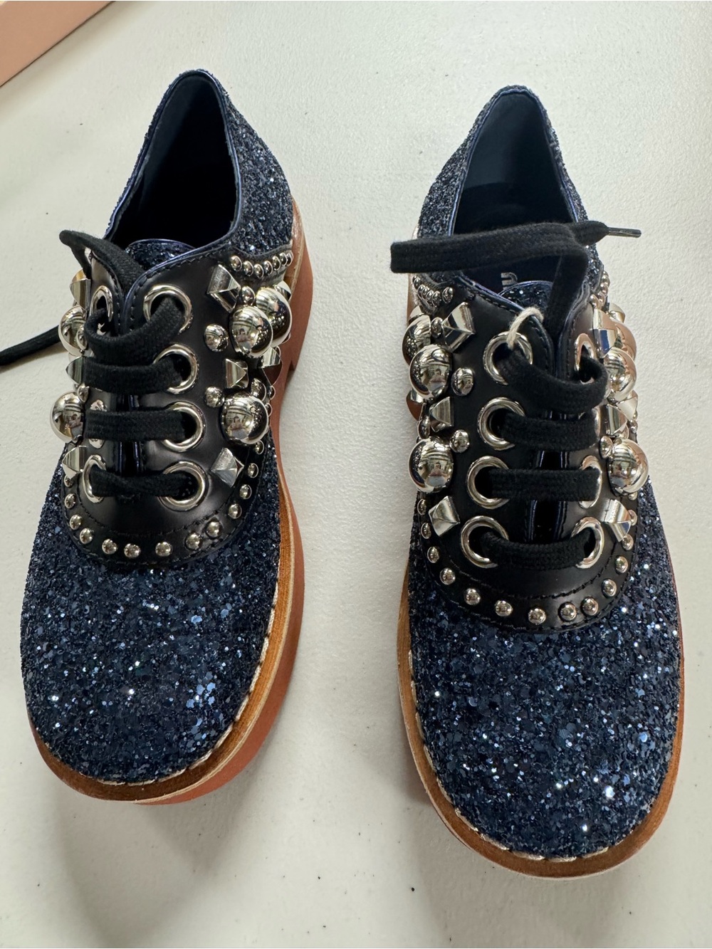 Miu Miu Womenโs Navy Glitter Platform Lace-Up Shoes w Silver Studs | NIB | US6
